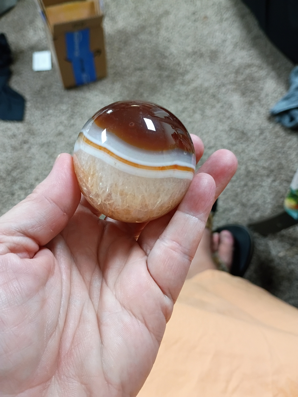 Carnialian, Quartz, And Jasper Sphere 1.5 Inches In Diameter